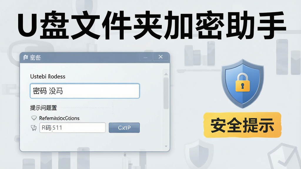一张展示U盘文件夹加密助手密码提示功能的图片,画面中有一个密码输入框和提示问题设置界面,旁边有盾牌图标和“安全提示”字样,背景是浅灰色商务风格,画面中清晰出现“U盘文件夹加密助手”文字,画质干净,无多余元素