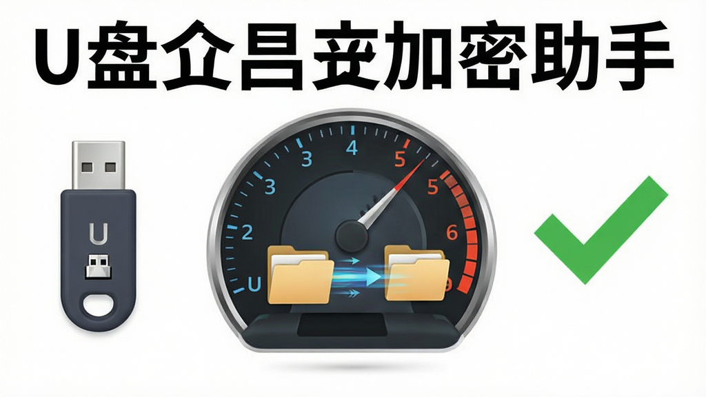 一张展示U盘文件夹加密助手加解密速度的图片,画面中显示一个速度仪表盘和文件夹传输动画,左侧是U盘图标,右侧是加密完成的绿色对勾,背景是白色清爽风格,画面中清晰出现“U盘文件夹加密助手”文字,画质清晰,无多余元素