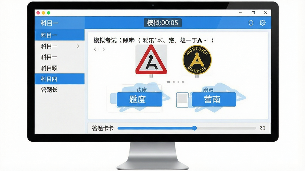 一张宽屏电脑桌面截图,画面中央是驾考刷题软件界面,左侧为科目一和科目四题库分类菜单,右侧显示一道交通标志选择题与四个选项按钮,顶部有模拟考试倒计时,底部有答题卡进度条,界面风格清爽简洁以蓝白色调为主,画面干净整洁无多余元素,文字清晰可辨,整体画质高清,适合软件下载站展示预览图