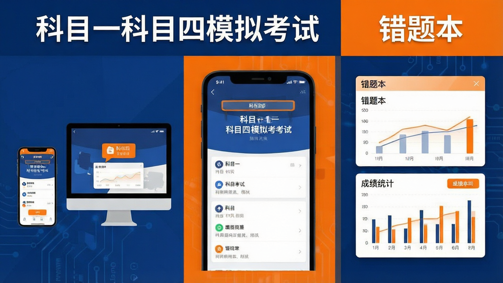 一张软件功能展示图,画面左侧为手机与电脑双端同步的图标示意,中间为科目一科目四模拟考试软件界面截图,右侧展示错题本与成绩统计图表,整体排版为三栏布局,风格为扁平化科技感,色调以深蓝与亮橙搭配,细节清晰画面干净,文字标注“科目一科目四模拟考试”和“错题本”字样,画质高清无多余元素