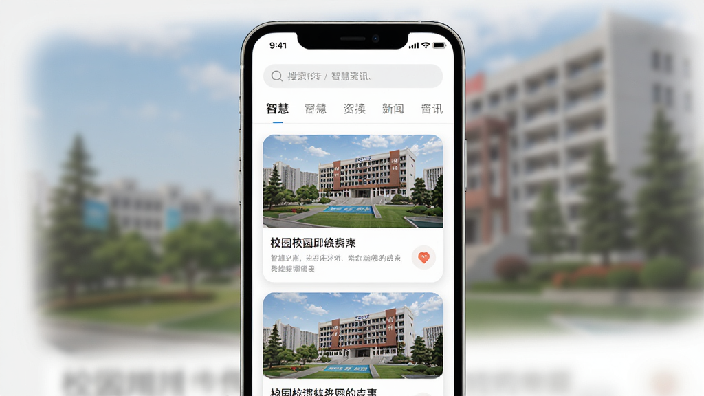 手机屏幕展示“智慧川传”APP的资讯列表页面,页面顶部有搜索框和分类标签,下方为图文并茂的校园新闻卡片,主体为手机界面,布局为纵向列表排版,风格为清新简约资讯风,细节为卡片圆角、配图清晰、标题醒目,画质高清,干净,无多余元素