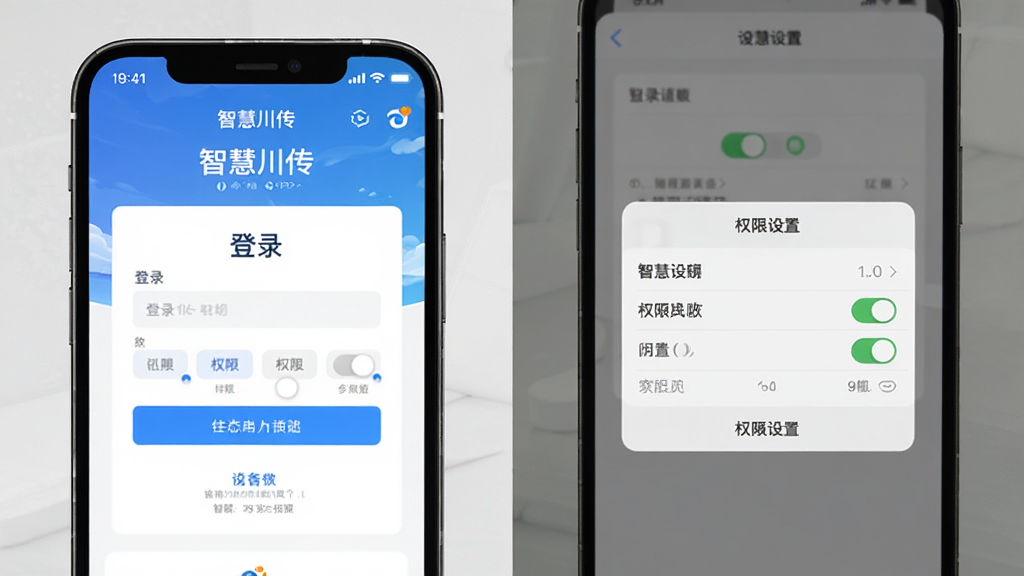手机屏幕展示“智慧川传”APP的登录页面与权限设置界面,主体为手机界面与设置弹窗,布局为左右分屏对比排版,风格为简洁教程风,细节为登录框、权限开关、文字标注清晰,画质高清,干净,无多余元素