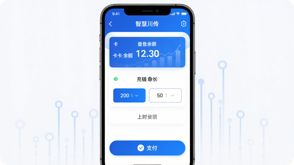 手机屏幕展示“智慧川传”APP的一卡通充值页面,页面显示卡内余额、充值金额选项和支付按钮,主体为手机界面,布局为纵向表单排版,风格为现代金融科技风,细节为数字清晰、按钮突出、配色以蓝色和白色为主,画质高清,干净,无多余元素