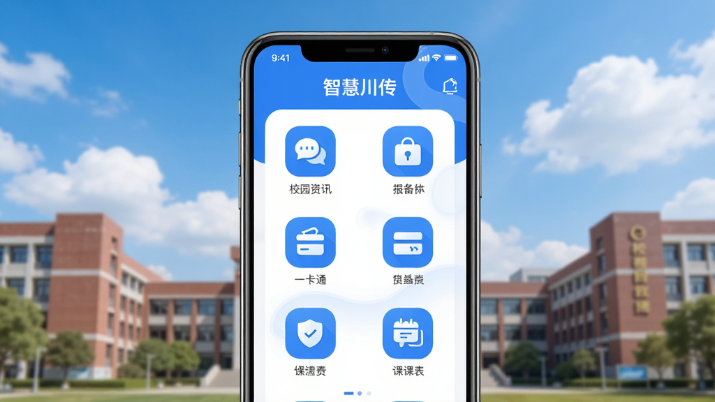 手机屏幕正中央展示“智慧川传”APP主界面,界面包含校园资讯、一卡通、缴费、课表等图标,背景为校园教学楼与蓝天白云,主体为手机与APP界面,布局居中对称,排版清晰,风格为现代扁平化科技风,细节为图标圆润、字体清晰、色彩以蓝色和白色为主,画质高清,干净,无多余元素