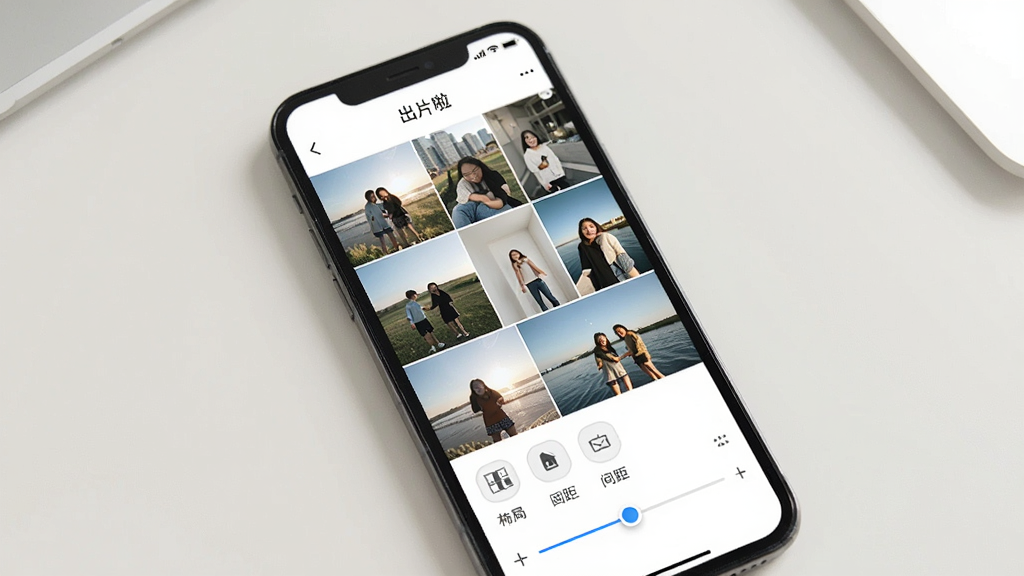 一张展示手机拼图软件操作界面的图片,画面中手机屏幕上显示“出片啦”软件的拼图功能,多张照片以网格形式排列,下方有布局选项和间距调整滑块,背景是干净的浅色桌面,风格简约,画质清晰,无多余元素