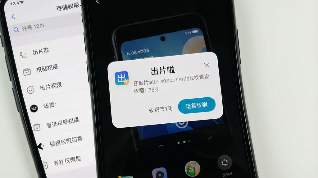 一张展示手机修图软件安装权限设置的图片,画面中手机屏幕上显示“出片啦”软件的权限请求弹窗,背景是手机设置界面的存储权限选项,风格简洁明了,细节清晰,画质干净,无多余元素