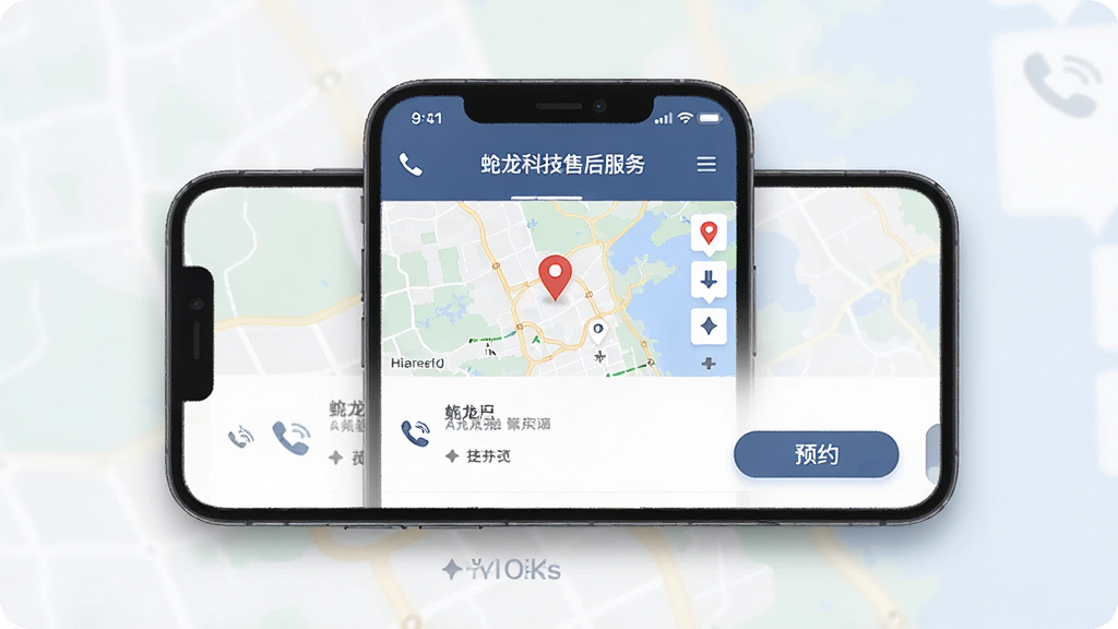 虬龙科技售后服务页面展示,主体为手机屏幕显示地图定位与门店列表,布局为上下结构,排版清晰,风格简约商务,细节包含地图标记、电话图标、预约按钮,画质高清干净无多余元素