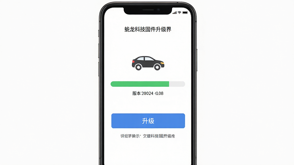 虬龙科技固件升级界面展示,主体为手机屏幕显示升级进度条与车辆图标,布局居中,排版简洁,风格扁平化,细节包含版本号、升级按钮、提示文字,画质高清干净无多余元素