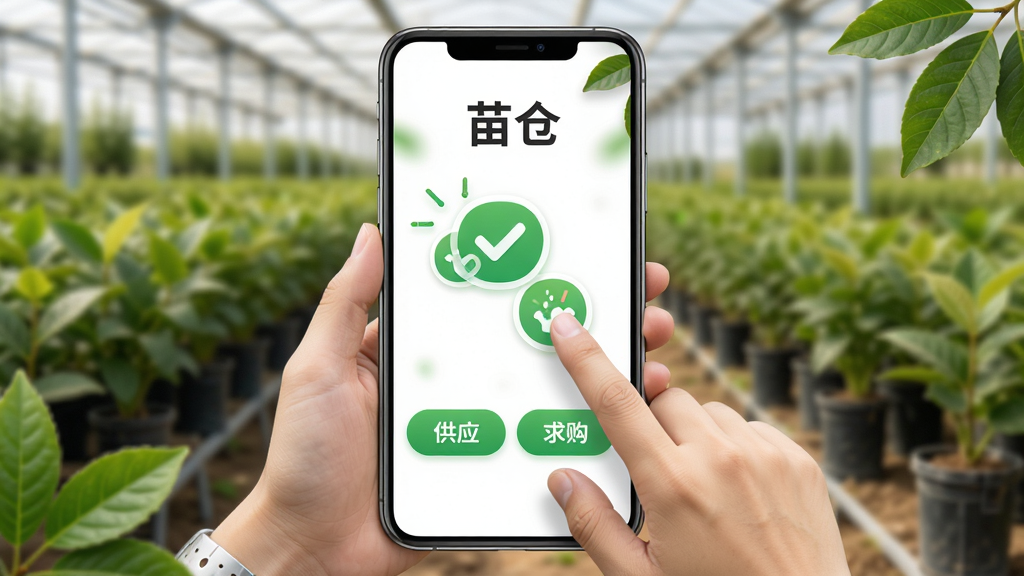 软件名称“苗仓”,画面主体是两只手在手机屏幕上点击对接图标,背景是苗木基地实景虚化,布局为中央聚焦手机界面,界面中显示“供应”和“求购”两个按钮,风格为写实与UI结合,细节包括绿色的对勾图标和苗木叶片装饰,画质高清,干净,无多余元素