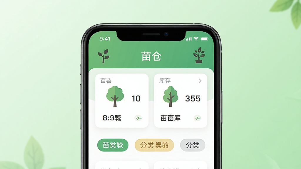 软件名称“苗仓”,画面主体是一部智能手机,屏幕显示苗木库存管理界面,包含树木图标、库存数字卡片和分类标签,布局为手机居中展示,背景是干净的浅绿色渐变,风格为现代扁平化UI设计,细节包括清晰的文字标签“苗仓”和苗木剪影图标,画质高清,干净,无多余元素
