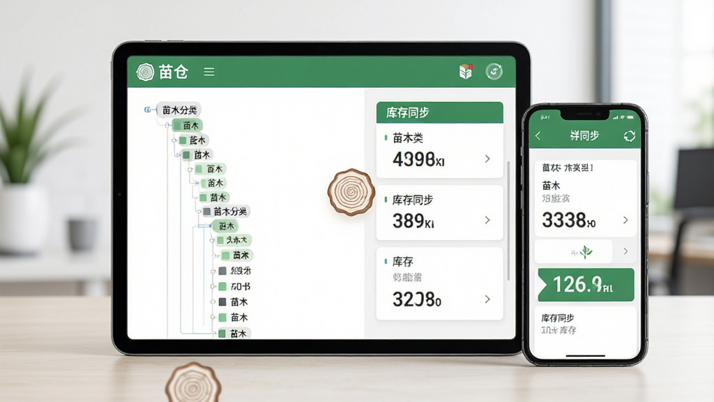 软件名称“苗仓”,画面主体是平板电脑和手机并排展示,屏幕中呈现苗木列表和库存数字,布局为左右分屏,左侧是苗木分类树状图,右侧是库存详情卡片,风格为清爽商务风,细节包括树木年轮图标和“库存同步”文字标签,画质清晰,干净,无多余元素
