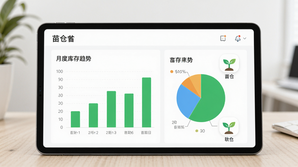 软件名称“苗仓”,画面主体是平板电脑显示柱状图和饼图,图表旁边有苗木图标,布局为居中展示数据看板,风格为简约数据可视化风格,细节包括“月度库存趋势”文字标签和绿色数据条,画质清晰,干净,无多余元素