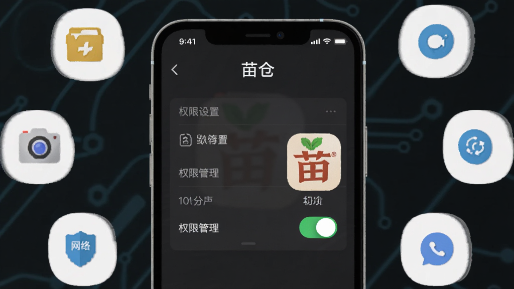 软件名称“苗仓”,画面主体是手机屏幕显示权限设置界面和苗仓应用图标,布局为手机居中,周围环绕存储、相机、网络等权限图标,风格为扁平化科技风,细节包括绿色的允许开关和“权限管理”文字标签,画质清晰,干净,无多余元素