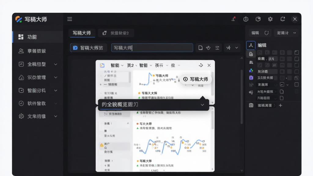 软件全貌概览图,画面中央是写稿大师软件主界面,左侧为功能导航栏,右侧为编辑区域,界面呈现深色主题风格,顶部显示软件名称“写稿大师”,排版整洁有序,风格为现代科技感UI设计,细节包括图标按钮、文本输入框、智能提示浮窗,画质清晰干净,无多余元素
