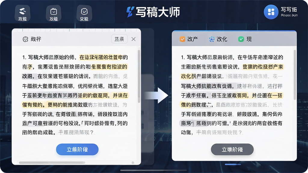 写稿大师智能改写功能展示图,画面主体为软件编辑界面,左侧显示原始文本段落,右侧显示改写后的优化文本,中间有箭头连接表示转换过程,界面顶部有“写稿大师”标识,排版采用左右对比布局,风格为简约商务风,细节包括高亮标注的修改词汇、功能按钮图标,画质高清干净,无杂乱元素