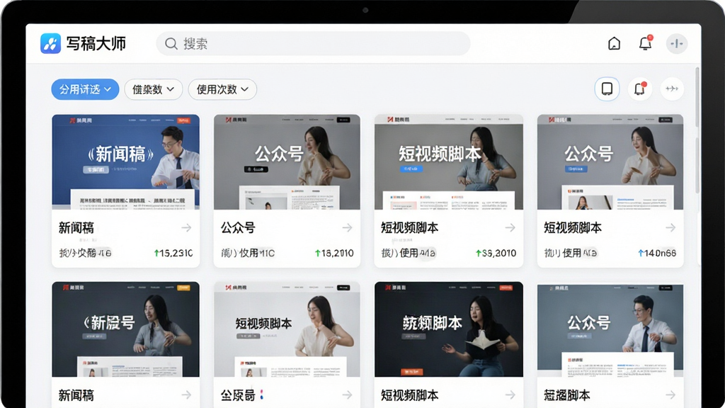 写稿大师模板素材库界面图,画面展示软件内部的模板选择页面,以网格形式排列各类模板卡片,卡片上标注“新闻稿”“公众号”“短视频脚本”等分类标签,顶部有搜索框和“写稿大师”品牌标识,排版整齐清晰,风格为清新浅色系,细节包括模板缩略图、分类筛选按钮、使用次数统计,画质明亮干净,无多余装饰