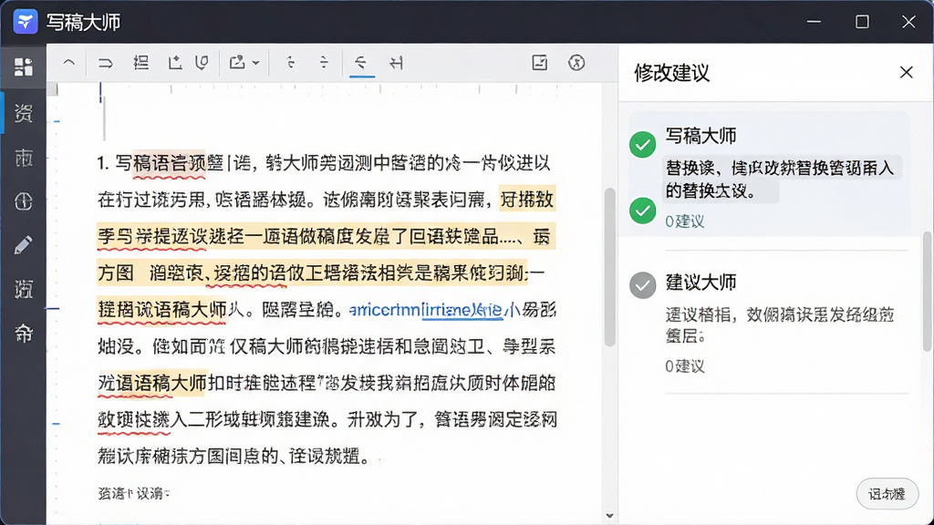 写稿大师语法检测功能界面图,画面显示软件编辑区域中一段文字被高亮标注出语法问题,右侧弹出修改建议面板,顶部有“写稿大师”软件名称,排版为左文右建议的双栏布局,风格为素雅极简风,细节包括红色波浪线标注、绿色对勾图标、建议替换文本,画质清晰干净,无多余元素