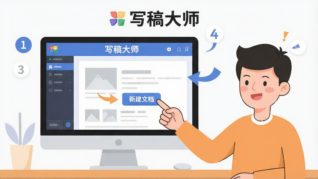 写稿大师新手操作指引图,画面展示电脑屏幕上写稿大师软件界面,旁边有一个卡通人物手指指向“新建文档”按钮,界面顶部有“写稿大师”名称,排版为图文结合形式,风格为扁平化插画风,细节包括步骤序号标注、箭头引导线、功能区域高亮,画质清晰干净,无多余元素