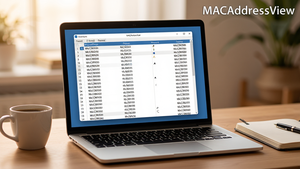 һ̨�ʼǱ�������Ļ����ʾMACAddressView�������棬�Ա߷���һ�����Ⱥ�һ���ʼǱ����������࣬��Ļ�ϵ�MAC��ַ�б������ɼ����������Ͻ���