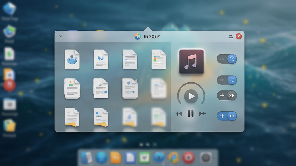 һ�� WinStep NeXuS ����չʾͼ������������ Dock ���������Ŀ��������壬�������ʾ���ʹ�õ��ĵ�����ͼ�����ֲ��ſ��ư�ť��ϵͳ��ݿ��أ�������ģ���������ֽ�����Ϊ�ִ���ƽ�� UI��ϸ�ڰ�����͸��ë����Ч����ͼ����Ӱ������ѡ��״̬������ 2K �������ɾ����࣬�޶���Ԫ�أ������в������κ�����