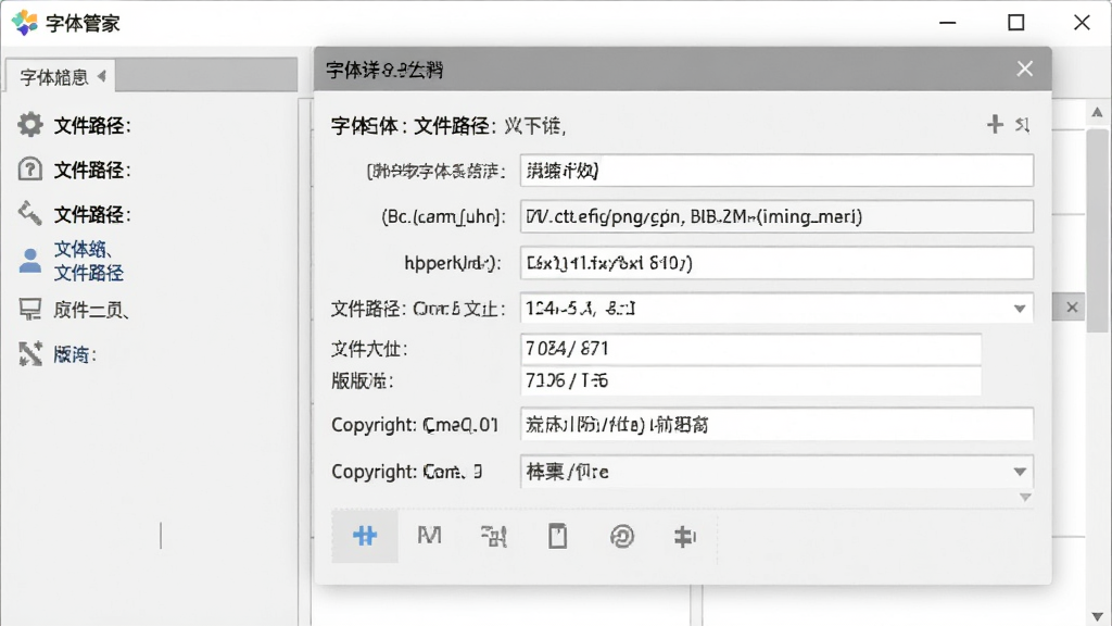 字体管家软件中字体详细信息面板的截图,画面显示选中某款字体后弹出的信息窗口,包含字体名称、文件路径、文件大小、版本、版权等字段,界面风格专业简洁,配色以灰白为主,细节包括信息图标和文字排版,画质清晰,干净,无多余元素