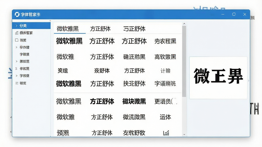 一张展示字体管家软件主界面的图片,画面中央是软件窗口,窗口内排列着多种中文字体预览列表,每行显示字体名称与示例文字,左侧有分类导航栏,右侧有预览区域,整体布局清晰整齐,风格简洁现代,细节包括字体名称如