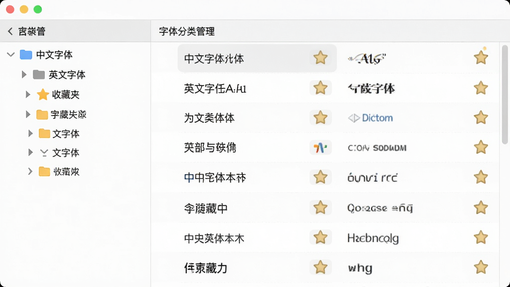 字体管家软件中的字体分类管理界面,画面展示左侧树形分类目录,包括