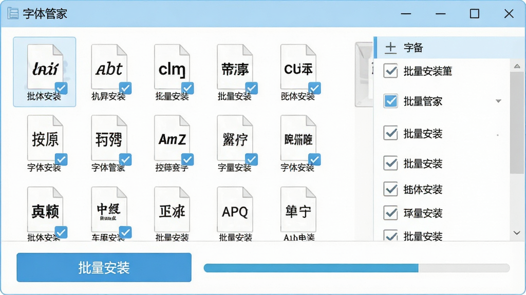 一张展示字体管家批量安装功能的图片,画面中软件窗口内多个字体文件被勾选,底部有