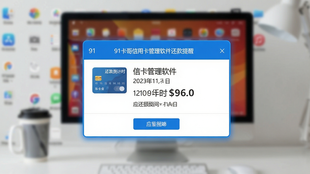 一张展示91卡哥信用卡管理软件还款提醒功能的图片,画面中央为软件弹窗提醒界面,弹窗内显示某张信用卡的还款倒计时与应还金额,背景为模糊的桌面壁纸,弹窗边缘有蓝色高亮边框,风格为现代简约风,细节包含日期与金额文字,画质高清,干净,无多余元素。