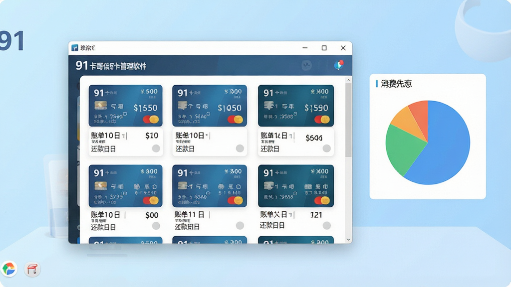 一张展示91卡哥信用卡管理软件主界面的图片,画面中央为软件窗口,窗口内显示多张信用卡卡片式列表,标注账单日与还款日,背景为简洁的浅蓝色渐变桌面,右侧有饼状消费统计图表,整体布局清晰,风格为现代扁平化软件界面,细节包含数字金额与日期文字,画质高清,干净,无多余元素。