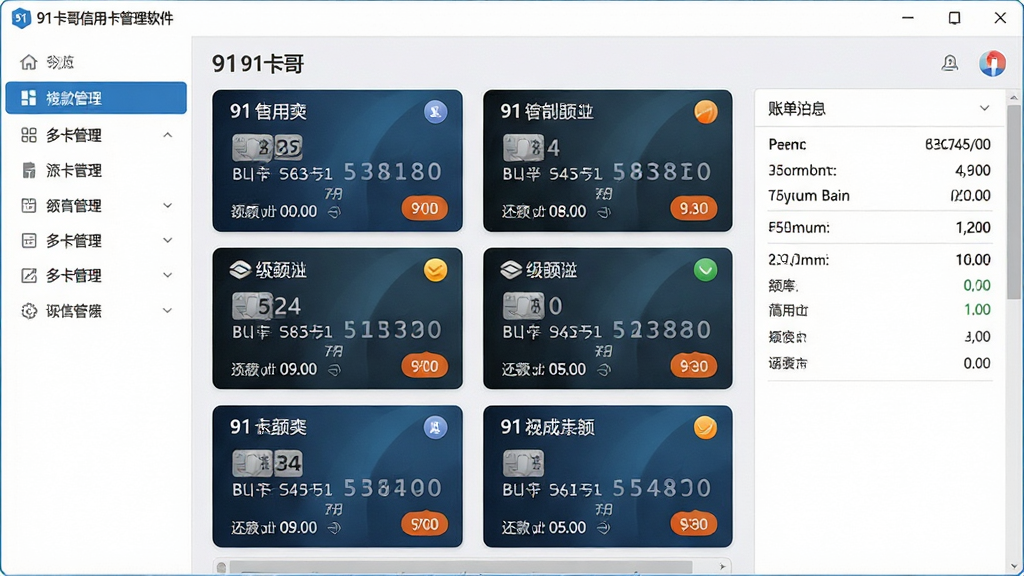 一张展示91卡哥信用卡管理软件多卡管理界面的图片,画面主体为软件窗口内并排排列的多张信用卡卡片,每张卡片上标注银行名称、额度数字与还款倒计时,窗口左侧为导航菜单,右侧为账单汇总面板,布局整齐,风格为清爽商务风,细节包含文字与数字,画质高清,干净,无多余元素。