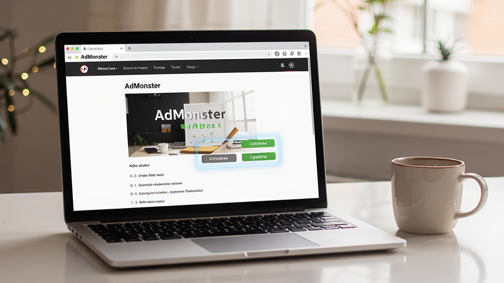 一台笔记本电脑屏幕上显示AdMonster视频网站广告屏蔽助手的设置界面,界面中高亮显示白名单添加按钮和规则更新按钮,旁边放着一杯咖啡,整体环境温馨整洁,风格写实,画面干净,画质清晰,无多余元素