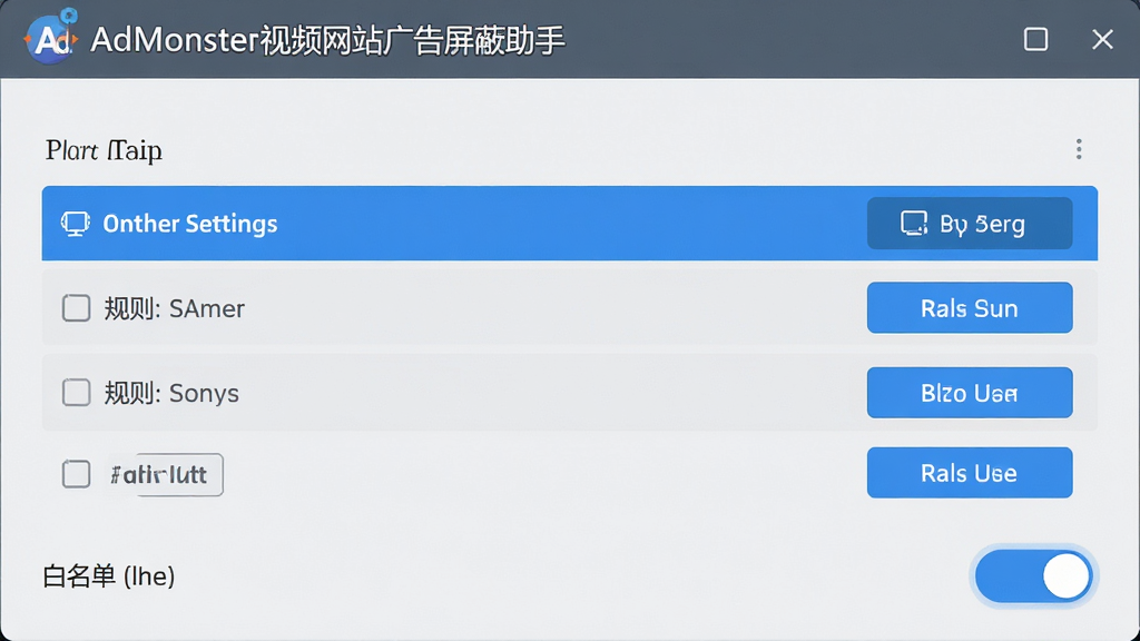 一个简洁的软件设置界面截图风格图片,界面中显示规则列表和白名单开关按钮,顶部带有AdMonster视频网站广告屏蔽助手的名称标识,整体采用扁平化UI设计,浅灰底色搭配蓝色高亮按钮,布局清晰,画质干净,无多余装饰