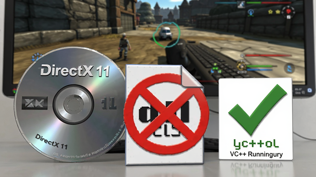 一个电脑桌面场景,桌面上摆放着DirectX 11安装光盘、一个带有红色禁止标志的dll文件图标、一个绿色对勾的VC++运行库图标,旁边有一台显示器显示游戏流畅运行的画面,主体为桌面物品和显示器,布局为物品在前、显示器在后,风格为写实静物风,细节包含光盘反光、图标立体感、显示器画面中的游戏场景,画质为4K高清、干净、无多余元素