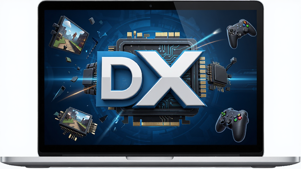 一台打开的笔记本电脑屏幕中央显示着DirectX 11的官方标志,标志由蓝色和白色的立体字母DX组成,周围环绕着发光的3D游戏场景碎片和显卡芯片图案,背景是深蓝色的科技感渐变,画面布局居中对称,风格为写实科技风,细节包含显卡电路纹理、光线追踪光效、游戏手柄轮廓,画质为4K超清、干净、无多余元素