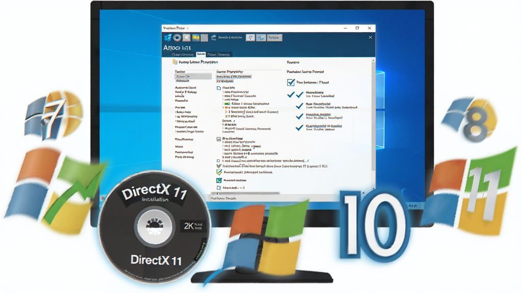 一台显示器屏幕上显示Windows系统信息界面,屏幕前方悬浮着DirectX 11的安装光盘和多个Windows版本logo(7、8、10、11)排列成弧形,主体为系统信息界面和版本logo,布局为屏幕居中、logo环绕,风格为扁平化科技插画风,细节包含系统属性窗口、兼容性对勾图标、蓝色光晕,画质为2K高清、干净、无多余元素