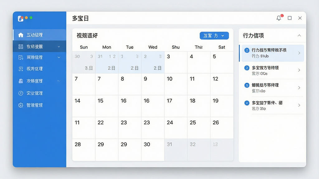 一张展示多宝日历主界面的软件截图风格图片,画面中央是简洁的月视图日历面板,左侧为功能导航栏,右侧显示当日待办事项列表,界面采用浅色主题配蓝色高亮,整体布局干净整齐,风格现代商务,细节清晰,画质高清,干净,无多余元素