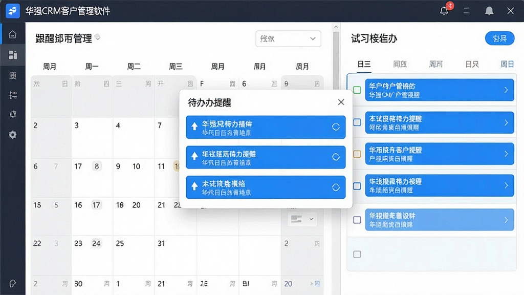 一张展示华强CRM客户管理软件跟进提醒与日程管理功能的图片,画面主体为软件界面中的日历视图与待办提醒弹窗,左侧为月历,右侧为当日待办列表,布局清晰,风格简约商务,蓝色高亮提醒条目,细节干净,无多余元素,画质高清