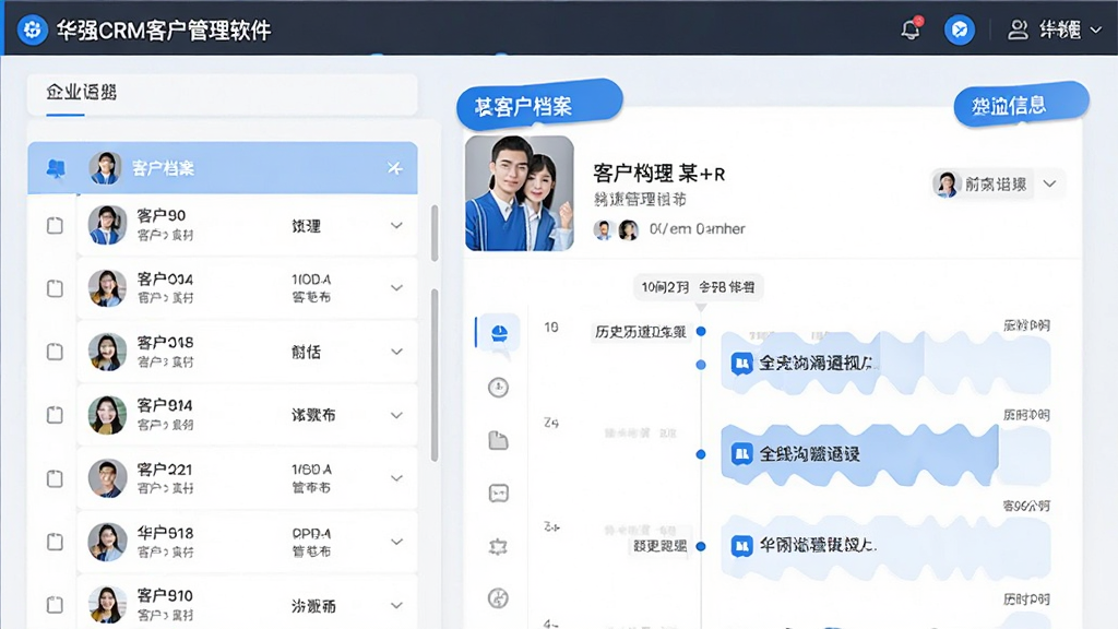 一张体现华强CRM客户管理软件客户资料集中管理功能的图片,画面主体为软件界面中的客户档案卡片与时间线跟进记录,左侧展示客户列表,右侧展示某位客户的详细信息与历史沟通记录,排版整齐,风格简约商务,蓝色点缀,细节清晰,画面干净,无多余元素,画质高清