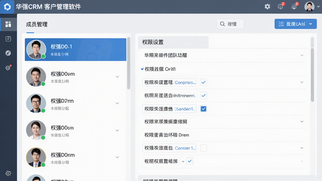 一张展示华强CRM客户管理软件团队协作与权限分配功能的图片,画面主体为软件界面中的成员管理面板与权限勾选列表,左侧为团队头像列表,右侧为权限设置选项,布局规整,风格简洁商务,蓝灰配色,细节清晰,画面干净,无多余元素,画质高清