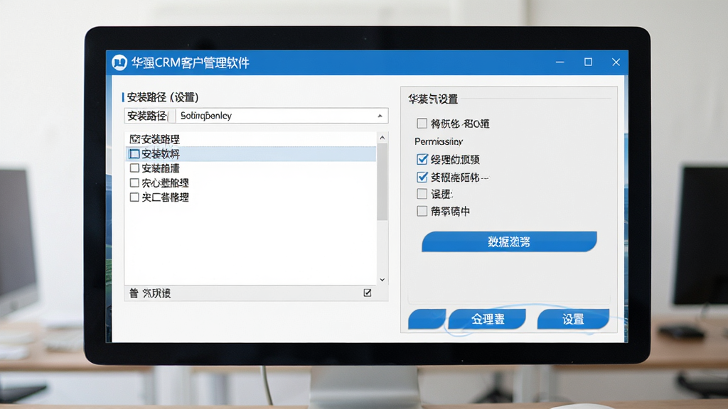 一张展示华强CRM客户管理软件安装与设置界面的图片,画面主体为电脑屏幕中的安装向导窗口与权限设置面板,左侧为安装路径选择,右侧为权限勾选项,布局清晰,风格简洁商务,蓝色按钮高亮,细节干净,无多余元素,画质高清