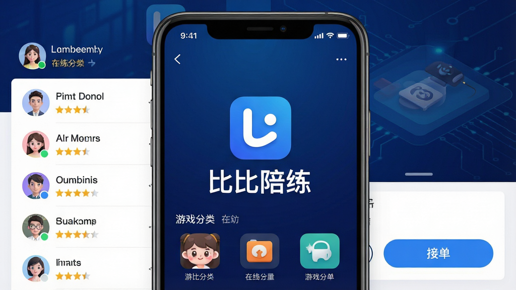 一张展示比比陪练软件主界面的手机截图,画面中央是应用logo与名称