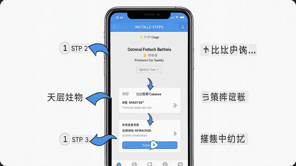 一幅展示比比陪练新手操作指引的示意图,画面主体为手机屏幕中显示安装步骤与权限设置界面,布局分步展示,排版纵向排列,风格为简洁教程风,细节包括箭头指引与提示文字,画质高清,干净,无多余元素