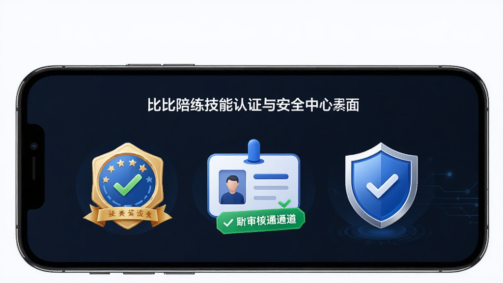 一幅展示比比陪练技能认证与安全中心界面的图片,画面主体为手机屏幕中显示认证徽章、身份证图标与安全盾牌,布局居中对称,排版简洁,风格为安全科技风,细节包括绿色对勾与审核通过标签,画质高清,干净,无多余元素