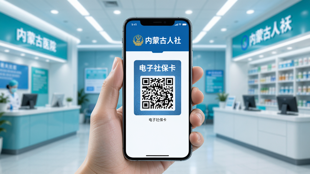一张展示内蒙古人社APP电子社保卡功能的图片,画面中一只手拿着手机,手机屏幕上显示着电子社保卡的二维码界面,上方有内蒙古人社字样,背景是现代化的医院或药店场景,风格科技感十足,色彩明亮,细节清晰,画质高清,干净无多余元素。