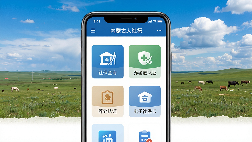 一张展示内蒙古人社手机应用主界面的图片,画面中央是一部智能手机,屏幕上显示着内蒙古人社APP的首页,包含社保查询、养老认证、电子社保卡等醒目的功能图标,背景是辽阔的内蒙古草原和蓝天白云,风格简洁大气,色彩以蓝色和白色为主,细节清晰,画质高清,干净无多余元素。