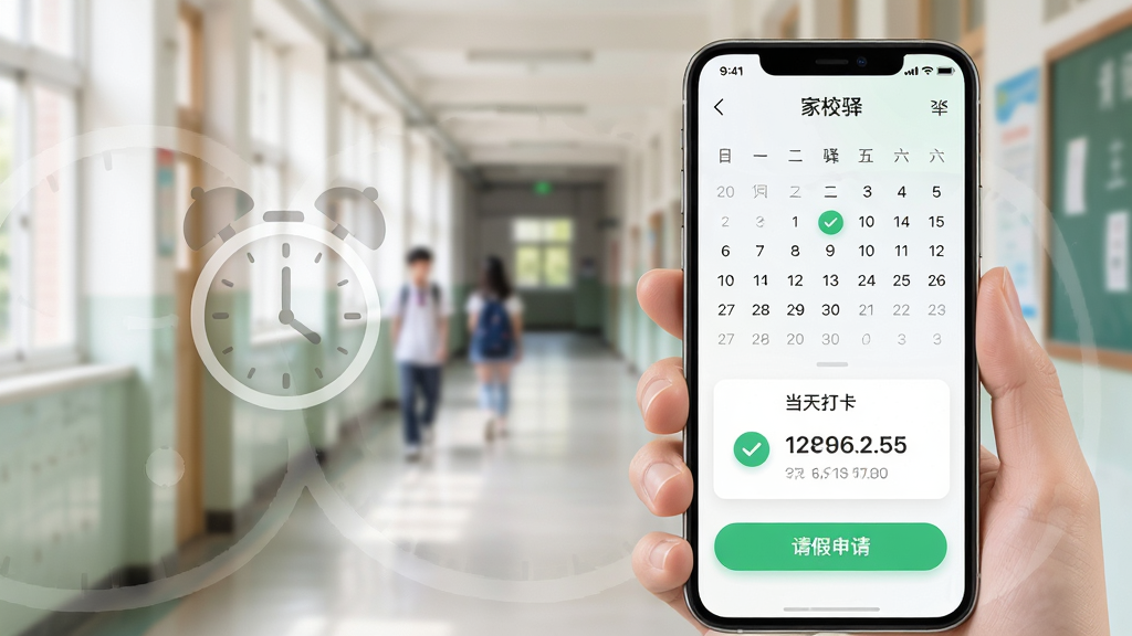画面主体是一个竖屏手机界面,显示“家校驿”的考勤页面,页面上有日历视图和当天的打卡时间,下方有“请假申请”按钮。手机被一只手轻轻握住,背景是校园走廊的虚化场景。布局上手机位于画面右侧,左侧留白处有淡淡的时钟图标。排版清晰,按钮醒目。风格为清新校园风,细节上手机屏幕色彩柔和,考勤状态用绿色对勾标注。画质为4K高清,画面干净,无多余元素。
