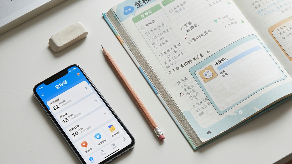 画面主体是一张书桌的俯视图,桌面上放着一部手机,屏幕上显示“家校驿”的作业列表和成绩单界面,旁边有铅笔、橡皮和一本打开的练习册。布局采用对角线构图,手机位于左下角,练习册延伸至右上角。排版自然随意。风格为写实生活风,细节上练习册上有手写笔记,手机屏幕亮度适中。画质为4K高清,画面干净,无多余元素,光线柔和。