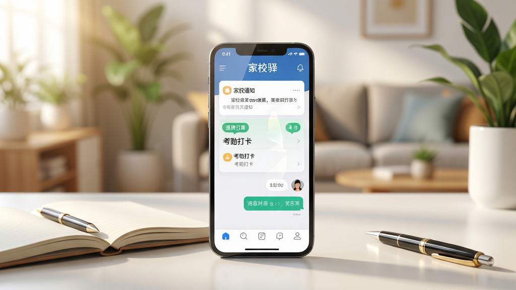 画面主体是一部智能手机,屏幕上显示着“家校驿”的APP界面,界面中包含通知列表、考勤打卡和消息对话框。手机放置在一张干净的书桌上,旁边有一本翻开的笔记本和一支笔。布局采用居中构图,手机占据画面视觉中心。排版简洁明了,上方留白处有柔和的光线洒下。风格为现代科技感与温馨家庭氛围结合,细节上手机屏幕有轻微反光,背景是虚化的客厅环境,有绿植点缀。画质为4K高清,画面干净,无多余元素,整体色调温暖明亮。