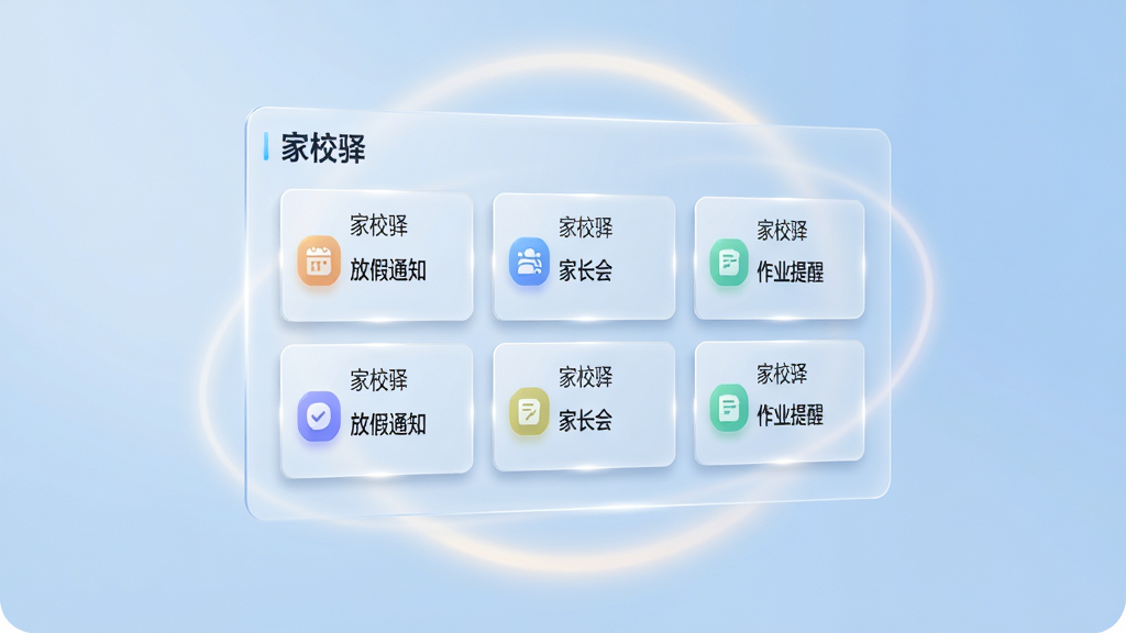 画面主体是一块悬浮在空中的半透明信息面板,面板上整齐排列着“家校驿”的通知卡片,卡片带有图标和文字,分别标注“放假通知”“家长会”“作业提醒”。布局上信息面板居中,周围环绕着柔和的光晕。排版采用网格状分布,清晰有序。风格为简约科技风,细节上卡片边缘有轻微的阴影和光泽感。画质为8K超清,画面干净,无多余元素,背景为浅蓝色渐变。